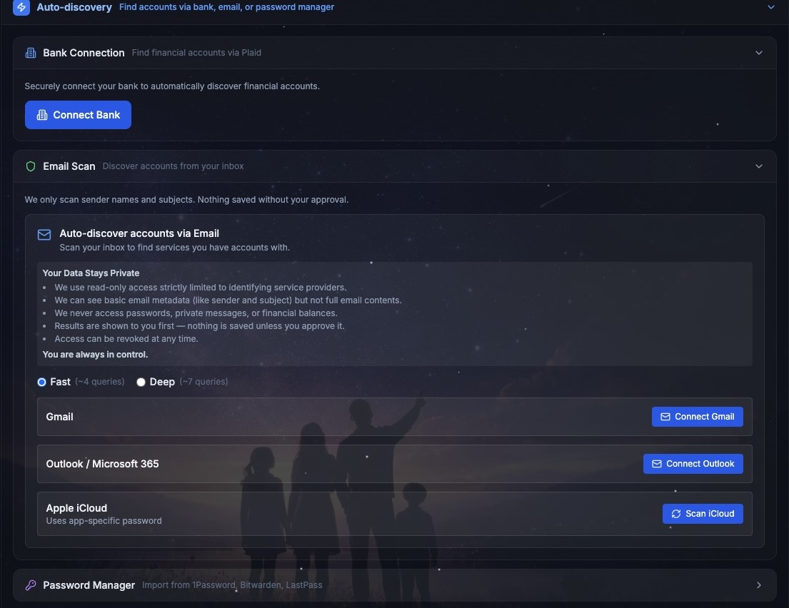 Auto-discovery showing email scan, bank connection, and password manager import