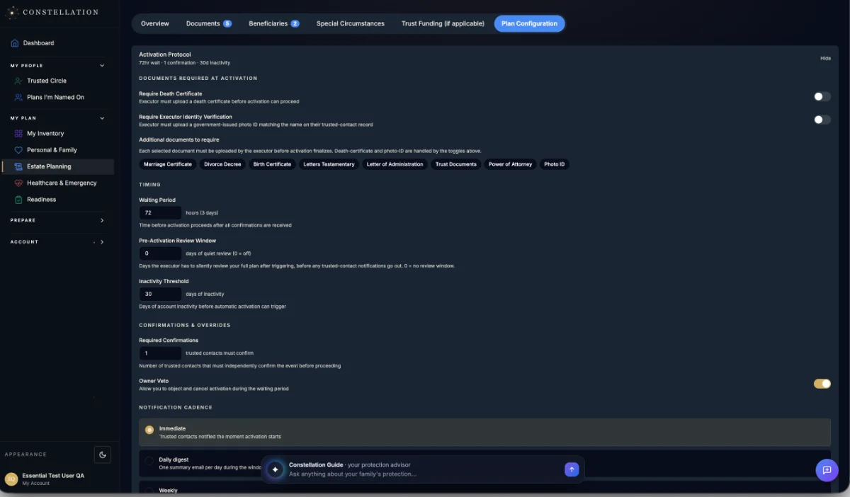 Activation Protocol settings — waiting period, required confirmations, and the owner veto toggle